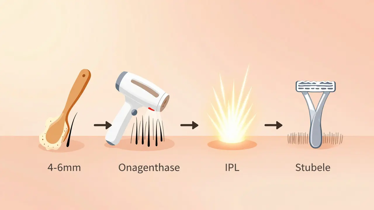 Ilustrace čtyř metod depilace s ukázkou délky vlasů a jejich vlivu na efektivitu.