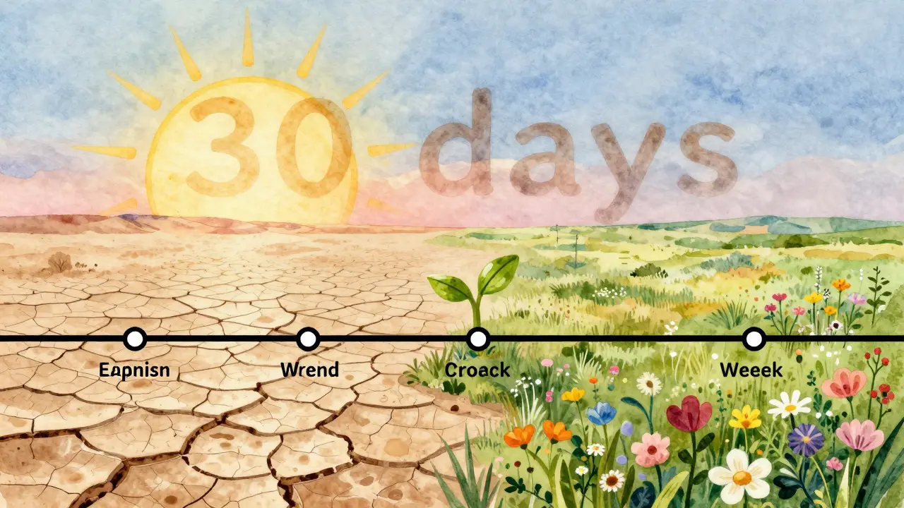 Landscape timeline: pustina, první výhon a kvetoucí louka symbolizují obnovu střevní mikroflóry během 30 dní.