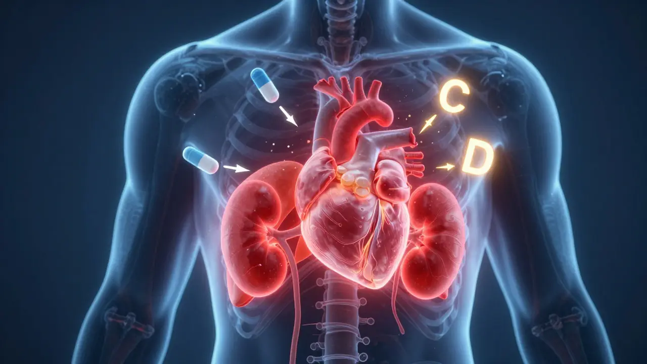 Lidské tělo s upozorněními na játra, ledviny a srdce, symboly doplňků se navzájem potýkají.