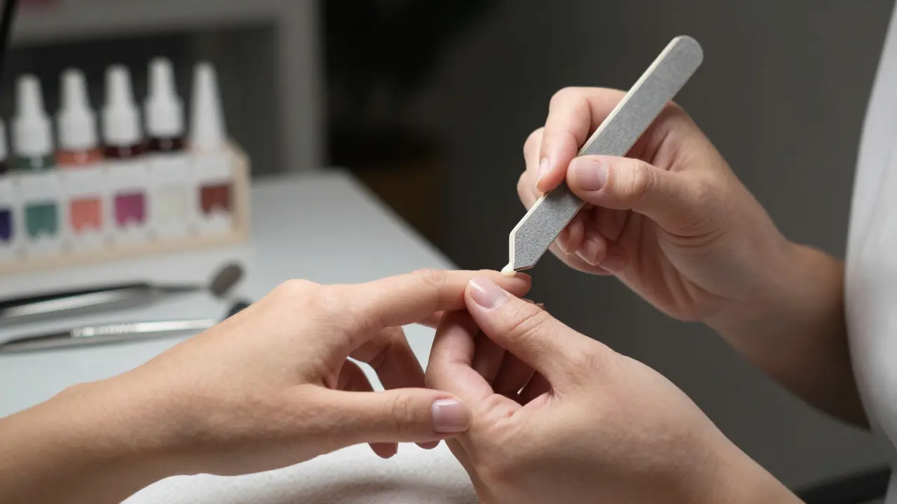 Odborník odstraňuje gelový lak z nehtu, kde se již začíná odlupovat na hranici.