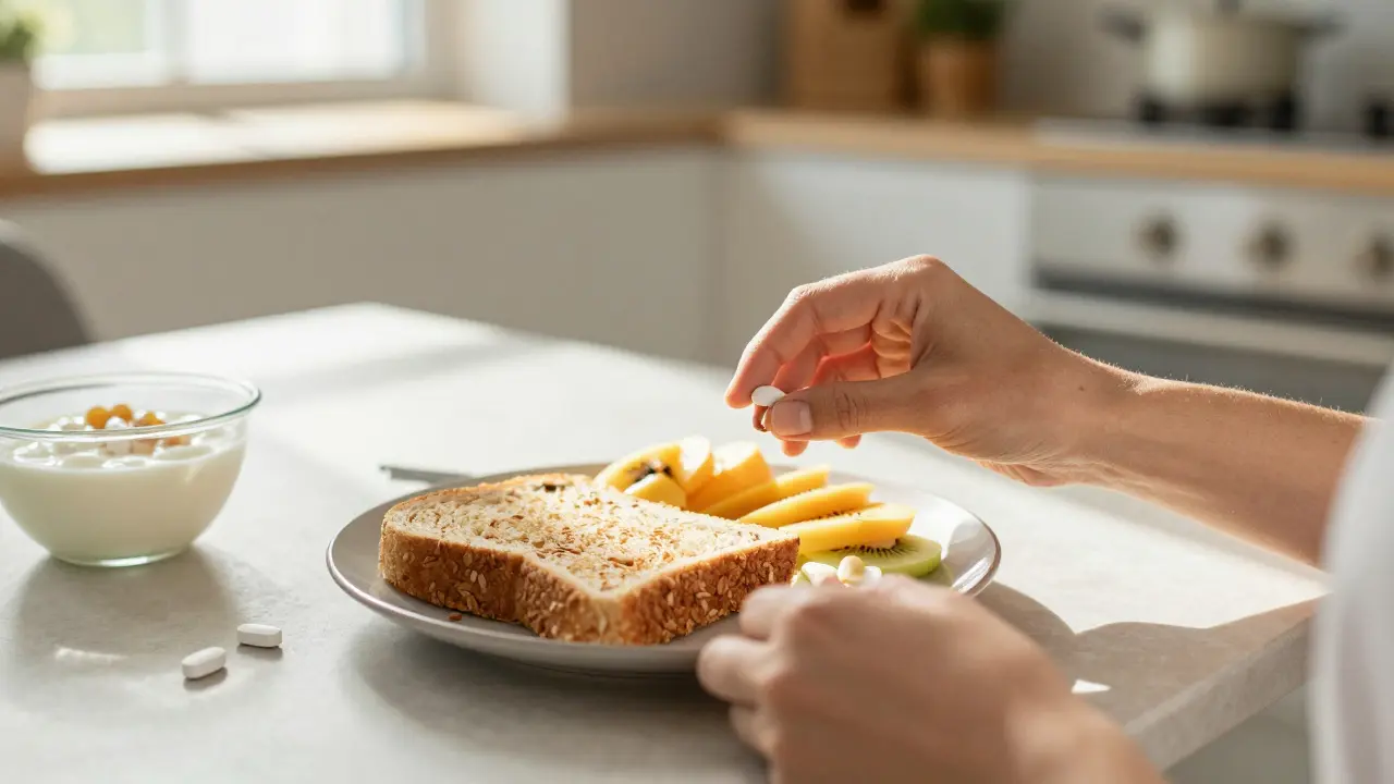 Osoba u snídaně užívající multivitamíny se zdravou stravou