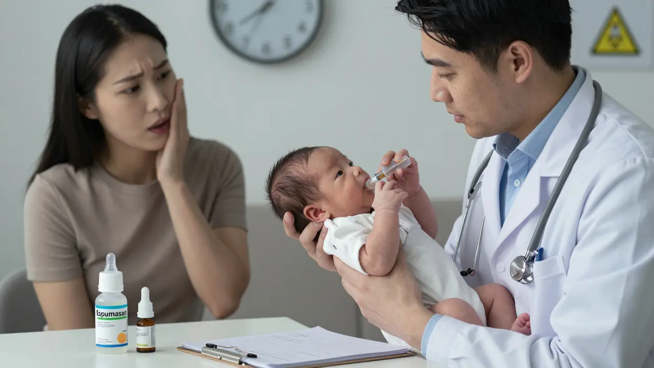 Pediatr drží novorozence ve svislé poloze po krmení s léky na stole.