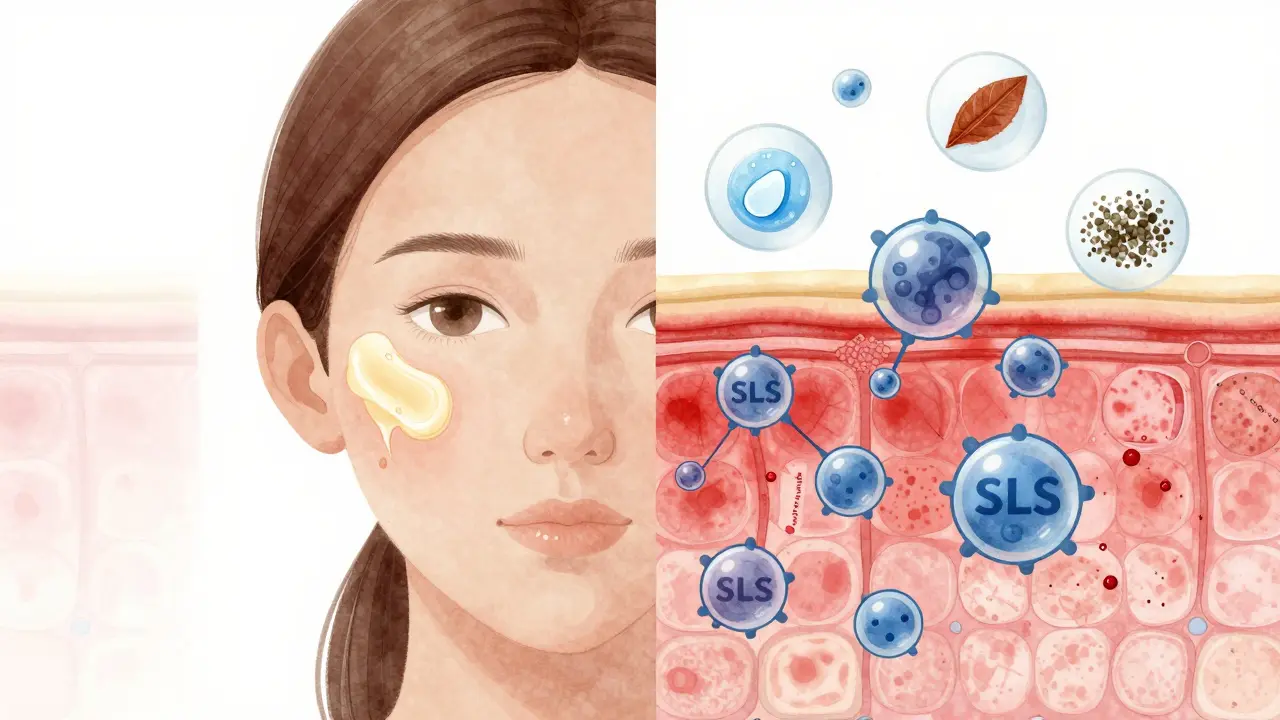 Porovnání zdravé a podrážděné pleti s vystupujícími škodlivými látkami.