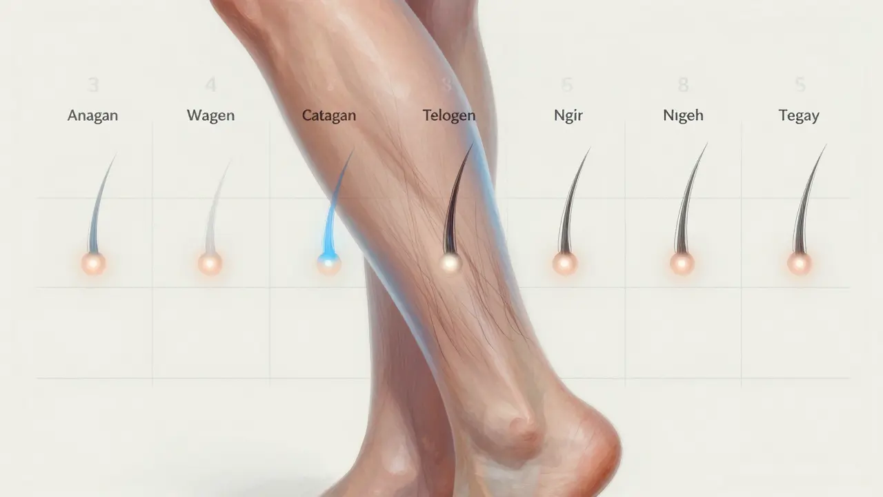 Přehled růstových fází vlasů a časových intervalů pro laserovou depilaci na přehledné noze.