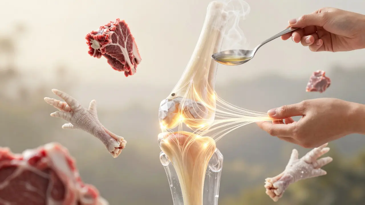 Průhledný kloub, do něhož se vplétají kolagenová vlákna z vývaru, okolo něj plavou kousky masa.