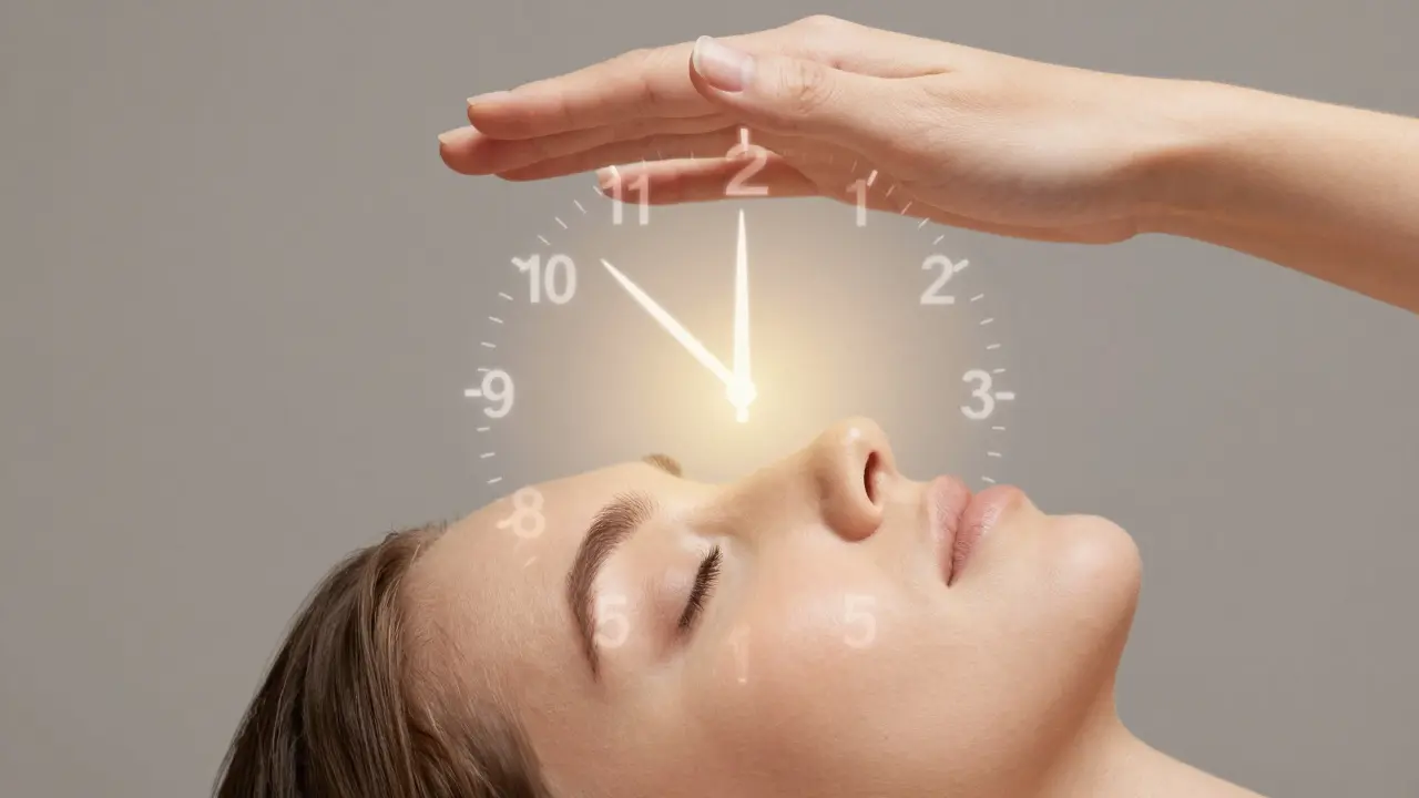 Ruka nad tváří před nanesením základu, s jemným zářivým efektem na primované pokožce a časovou škálou.