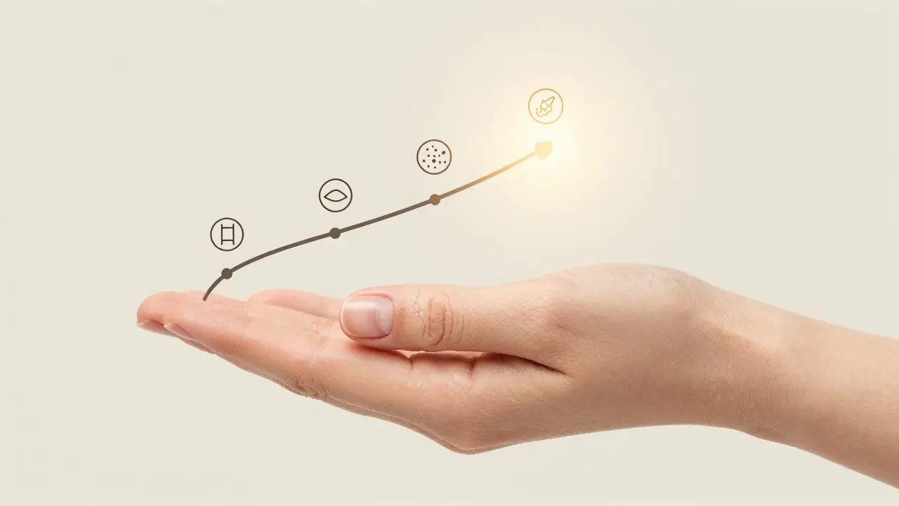 Ruka s grafem růstu nehtu během tří týdnů, ukazujícím rizika poškození a zdravý vývoj.