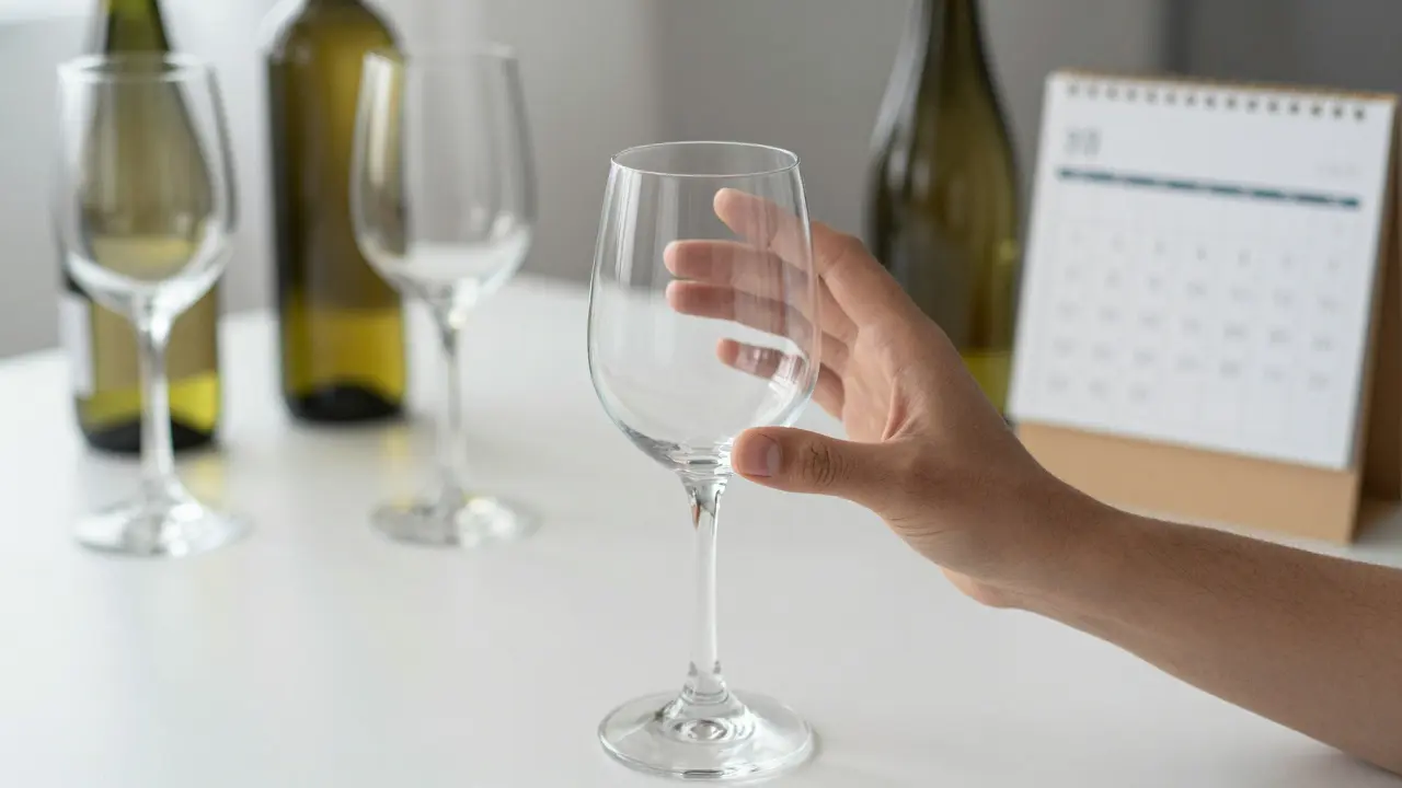 Ruka se zaváháním nad jednou sklenicí vína, ostatní alkoholické nápoje jsou v pozadí.