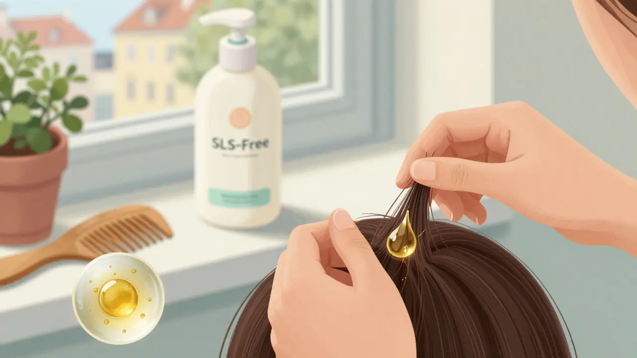 Ruky aplikují kokosový olej na vlasy, s mikroskopickým zobrazením pronikání do vlákna.