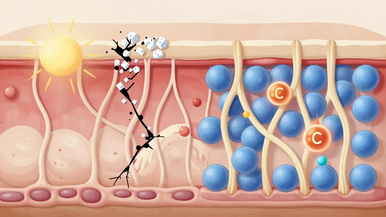Srovnání poškozené a obnovované kůže: rozpadlé kolagenní vlákna a nově vytvářené struktury.