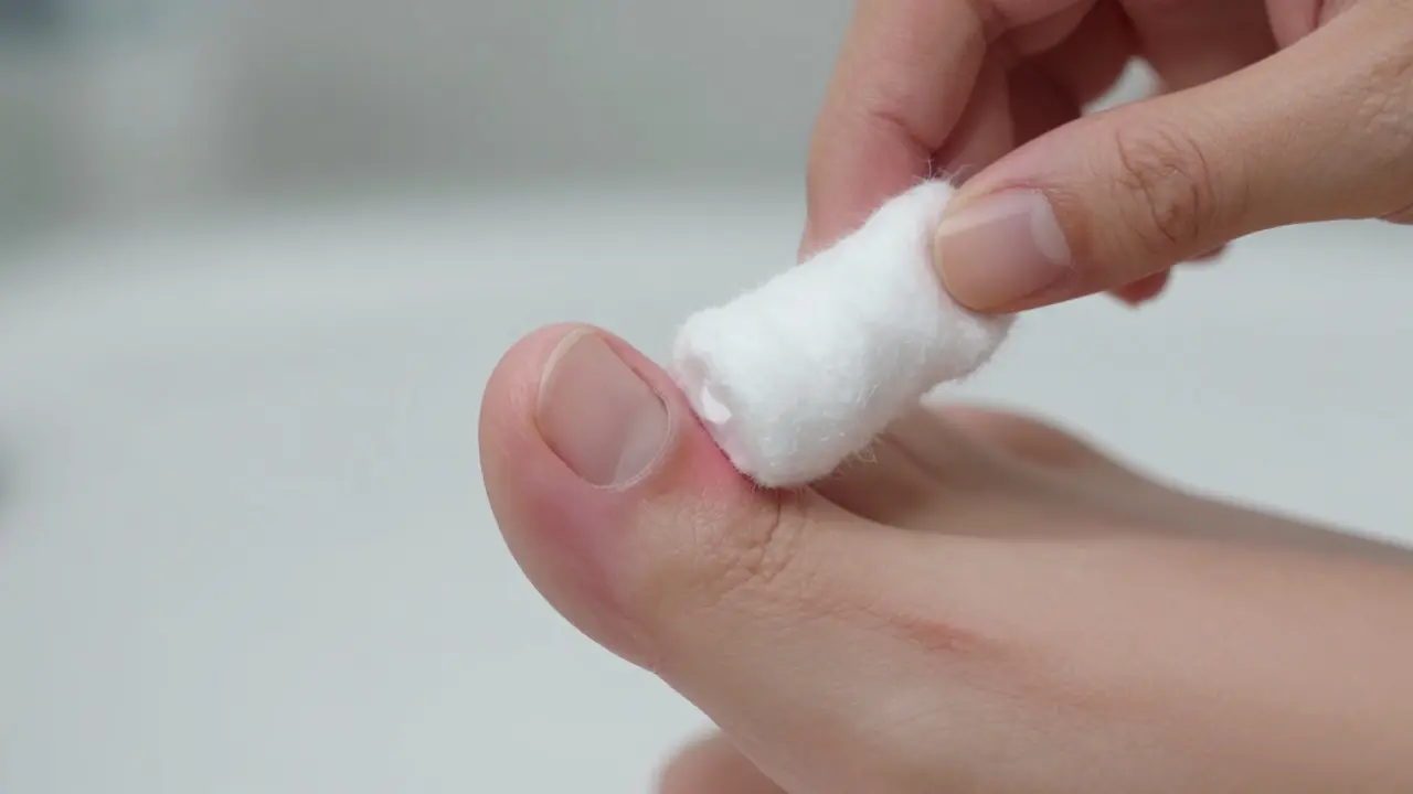 Sterilizovaná vata jemně odstraňuje zarůstající nehet od kůže bez použití nástrojů.