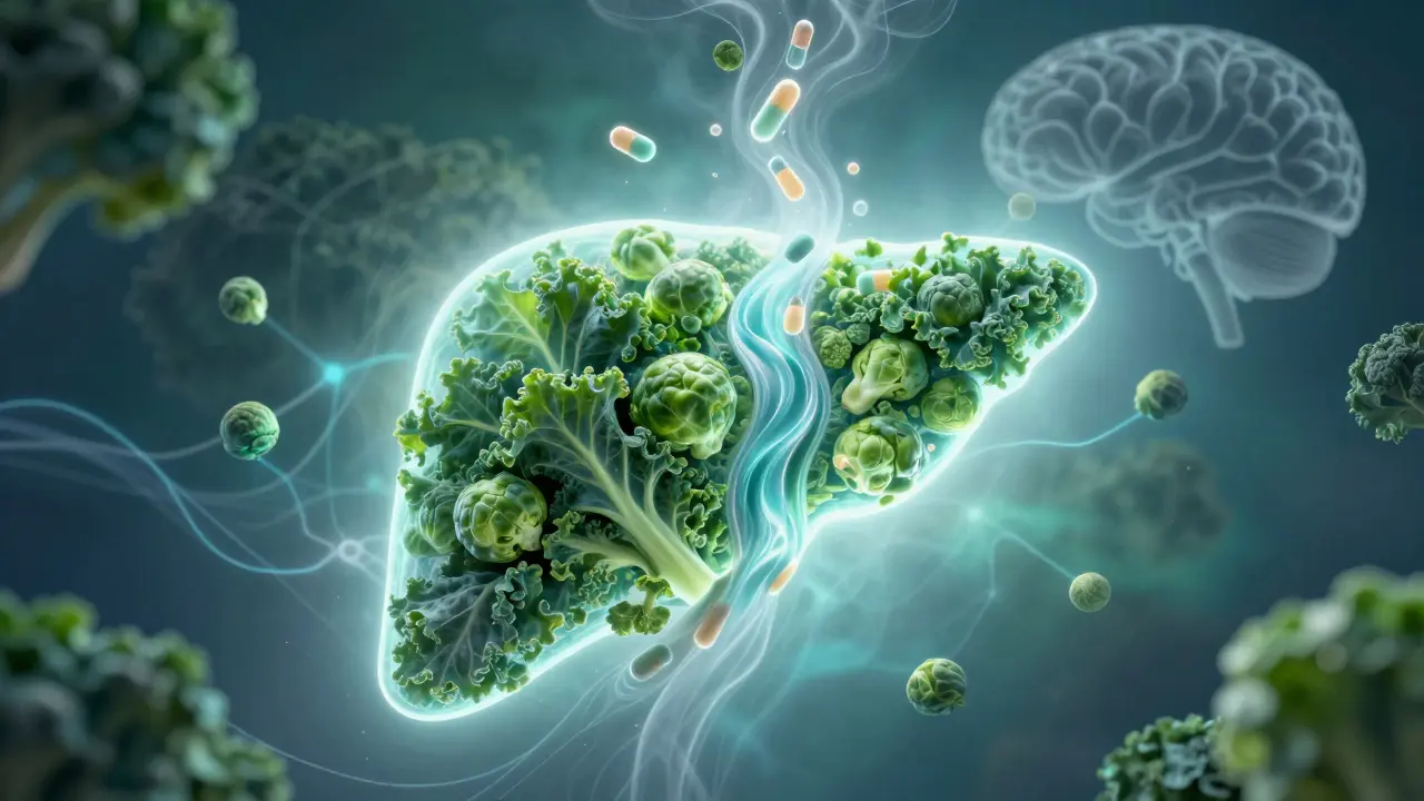 Symbolická podoba jater s zeleninou a rozkládajícími se hormony