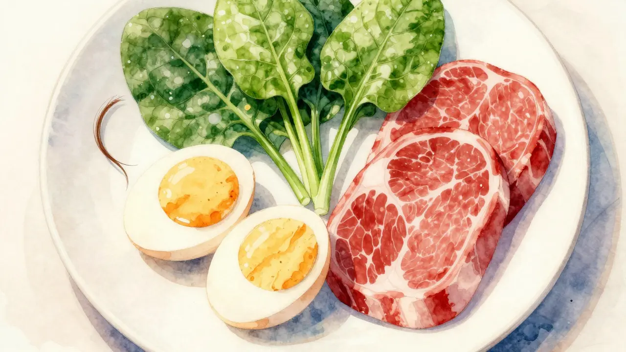 Talíř s vejci, špenátem a masem s vlasy na straně