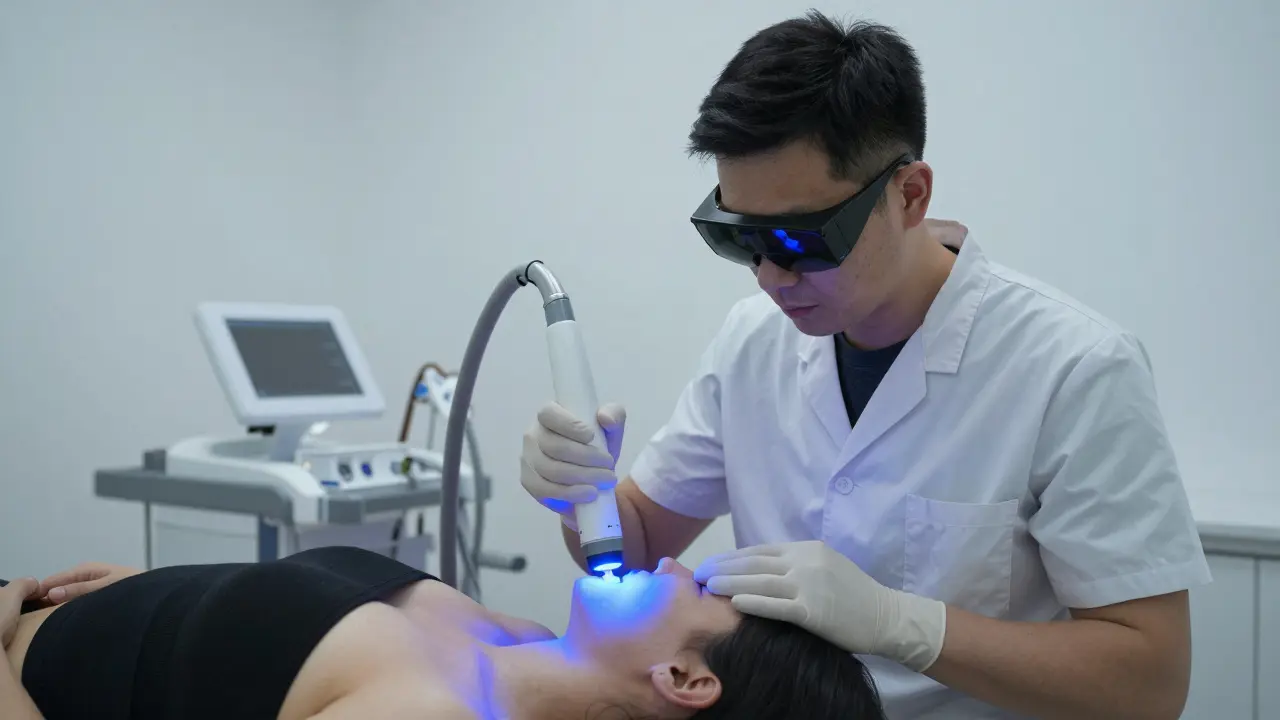 Technik provádí laserovou depilaci podpaží v klinice.