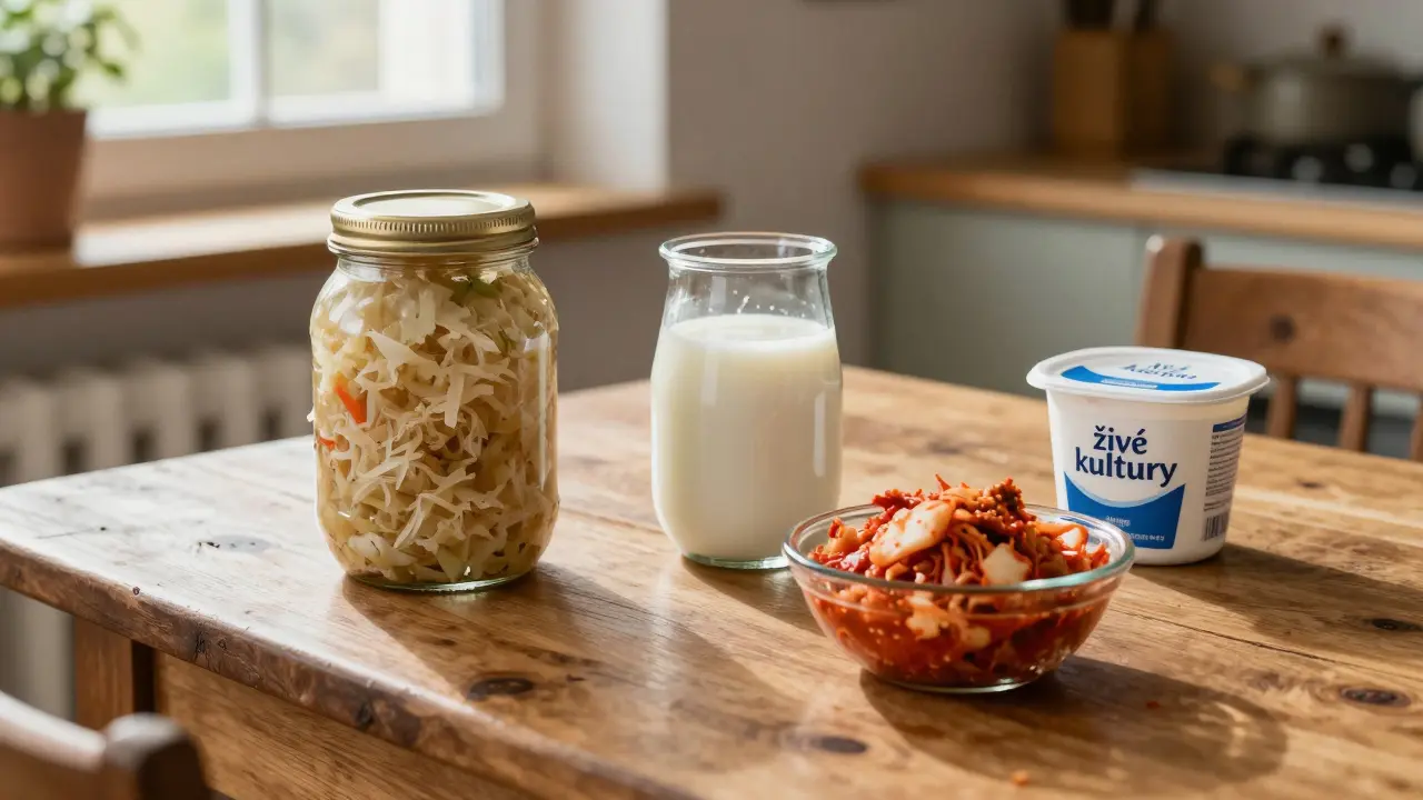 Tradiční české kvašené potraviny: kapusta, kefír a jogurt s živými kulturami na dřevěném stole.