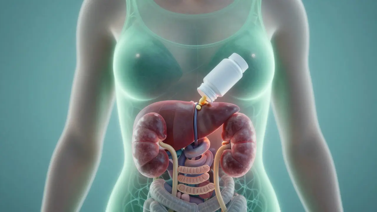 Transparentní tělo ženy s játry, ledvinami a odhozenou detox láhví