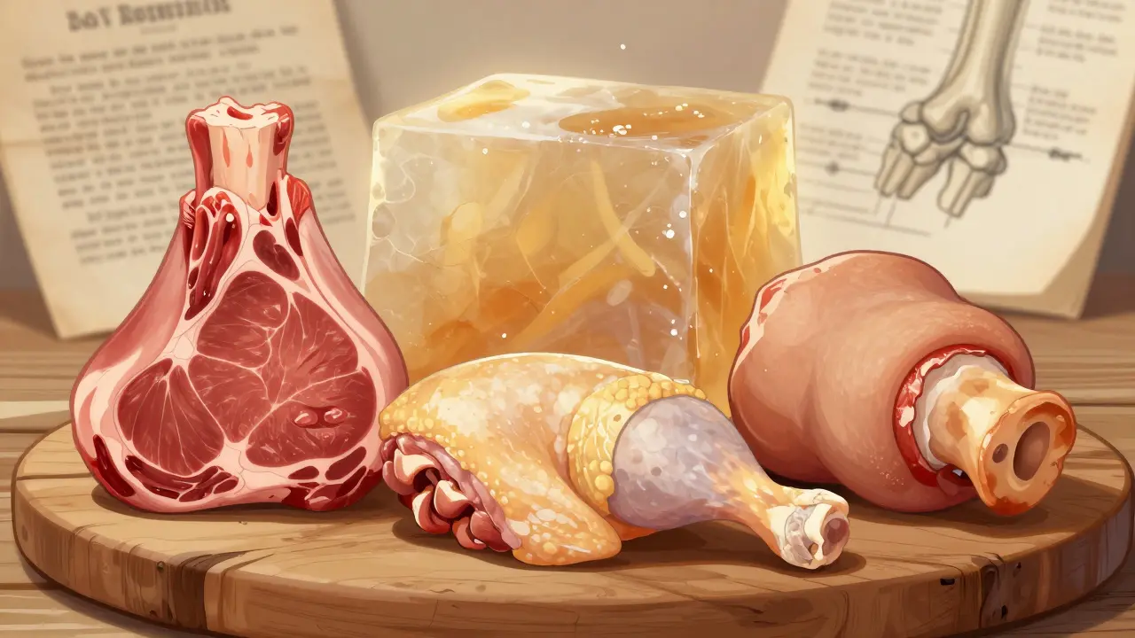 Tři druhy masa s kostmi a šlachami na dřevěné desce, vedle nich ztuhlý vývar ve tvaru želé.