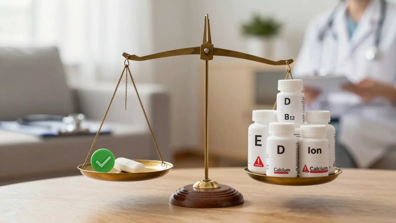 Váha s jednou tabletou a mnoha doplňky, zvýrazňující jednoduchost jako lepší řešení.