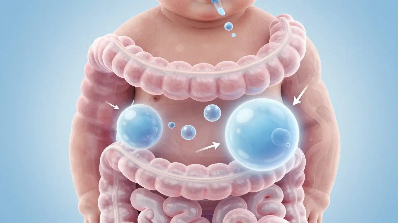 Vizualizace jak simethicon rozkládá plynové bublinky v břiše dítěte.