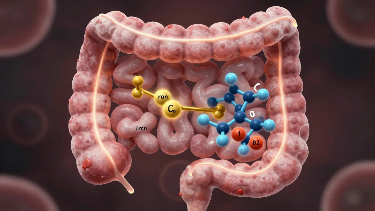 Vnitřek střeva s konkurencí mezi vápníkem a železem, vitamín C ničí B12, vědecká vizualizace.