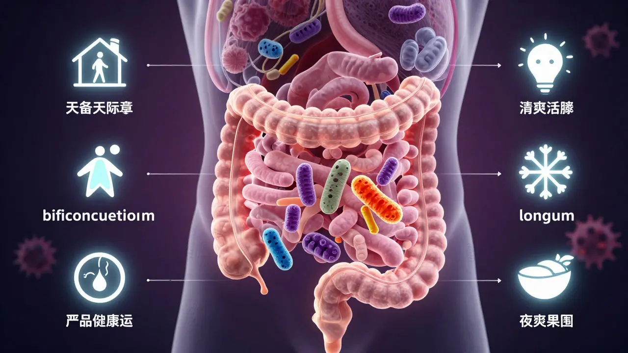 Vnitřek trávicího traktu s živými bakteriemi, které podporují imunitu, náladu a trávení.