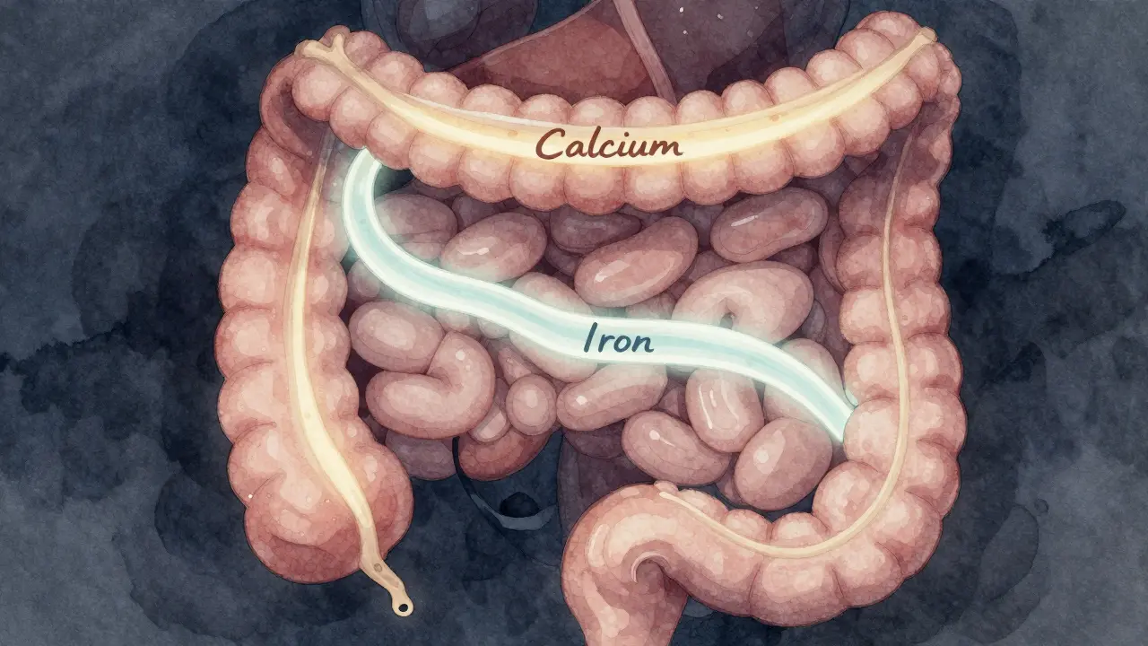 Vnitřní pohled na střeva s oddělenými cestami vápníku a železa v různých časech dne.