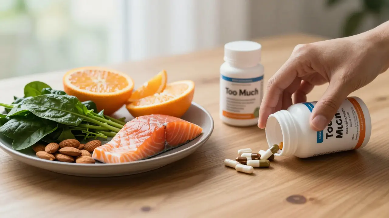 Vyvážená strava na jedné straně, hromada doplňků na druhé, ruka odmítá příliš mnoho tablet.