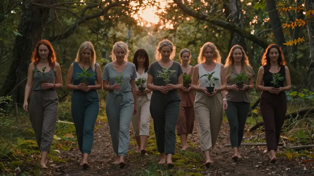 Ženy procházející lesem při západu slunce, symbol obnovy