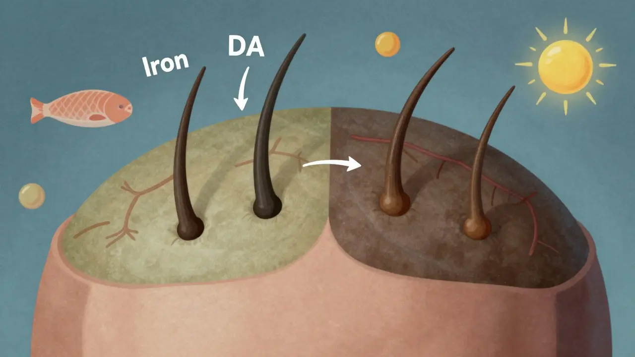 Zvětšený pohled na vlasové folikuly: aktivní na jedné straně, nečinné na druhé, s výživovými proudy.