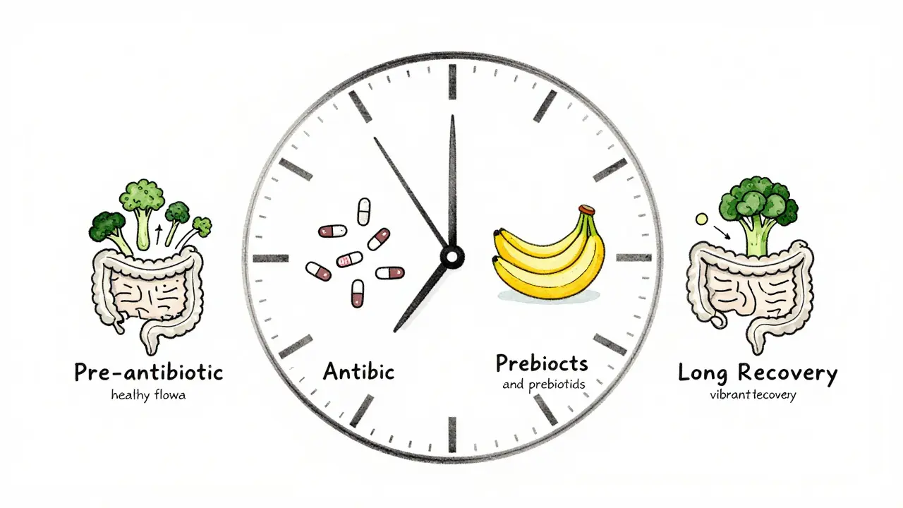 Časová osa obnovy střevní mikroflóry po léčbě antibiotiky s potravinami a probiotiky.