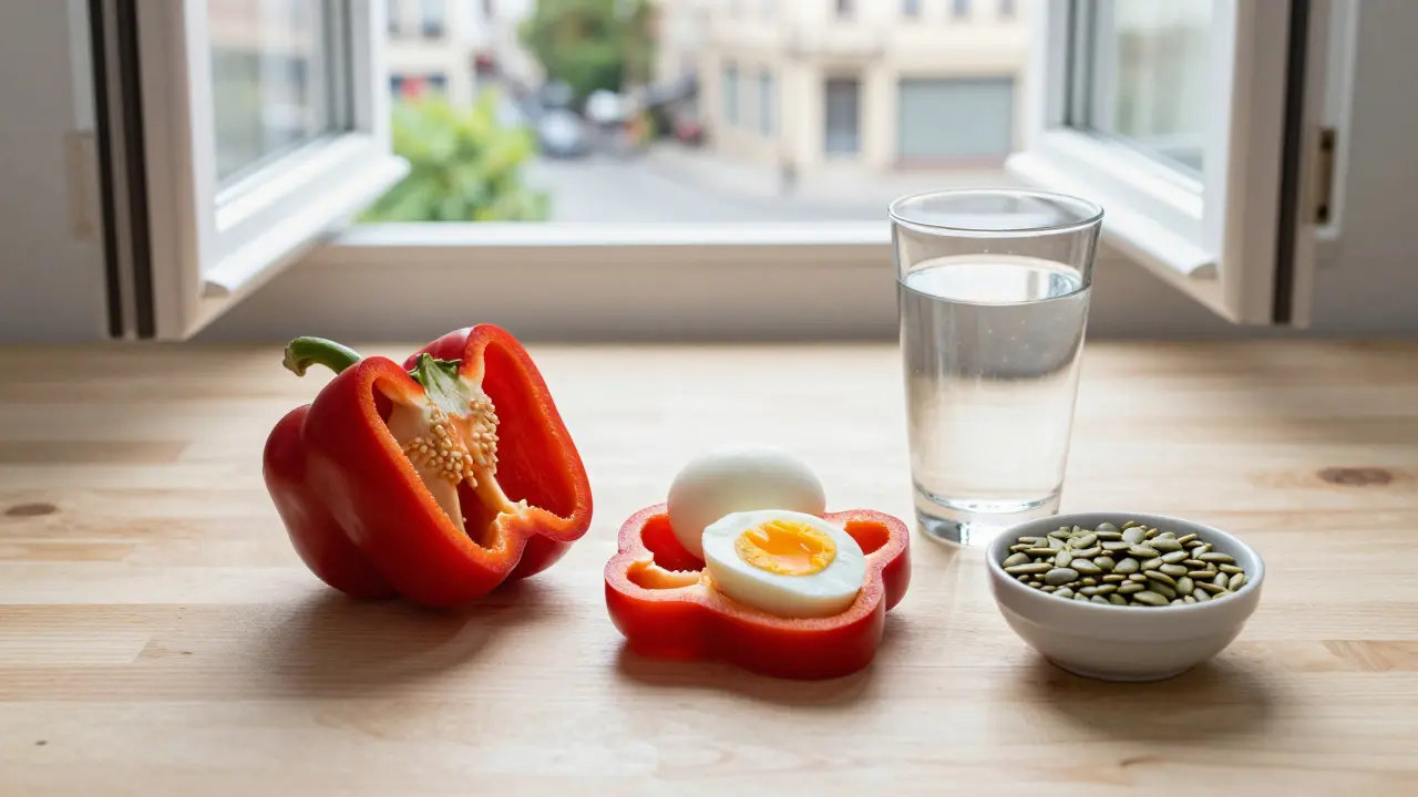 Česká snídaně s paprikou, vajíčky a dýňovými semínky na přírodě osvětleném stole.