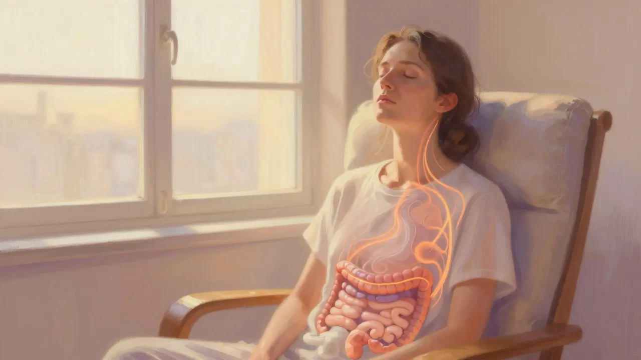 Člověk meditující při okně s teplým světlem pro snížení stresu.