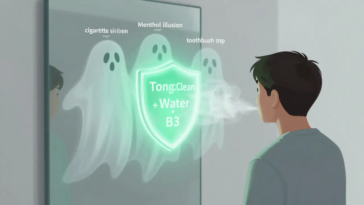 Člověk v zrcadle s čistým dechem, zatímco iluze ústní hygieny se rozplynou.