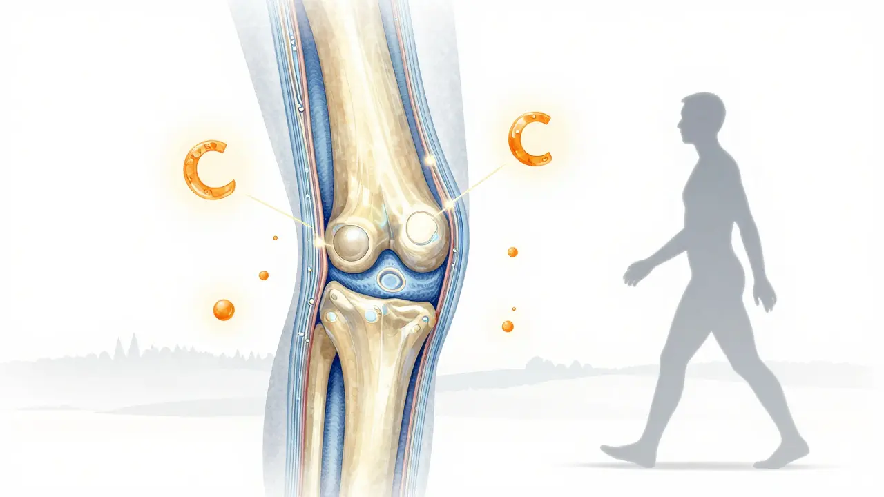Křížový řez kloubu s obnovou chrupavky pomocí kolagenu a vitamínu C.