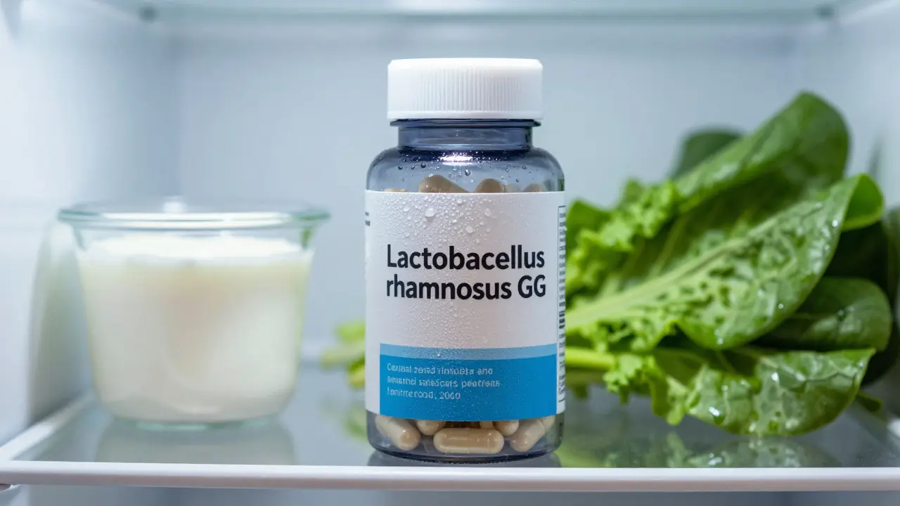 Kvalitní probiotikum uložené v chladničce s jasně uvedenými kmeny bakterií a čerstvými potravinami.
