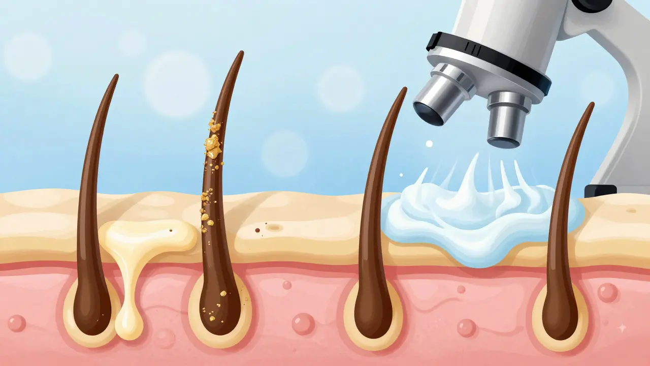 Mikroskopický pohled na čisté a znečištěné vlasové folikuly s vysvětlením dvoumytí.