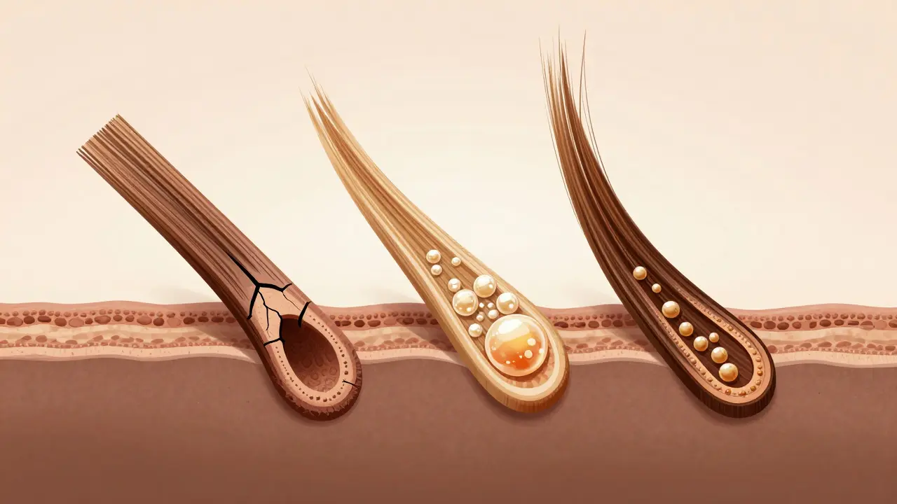 Mikroskopický pohled na jemné vlákno s opravenou kůrou a léčivými molekulami.