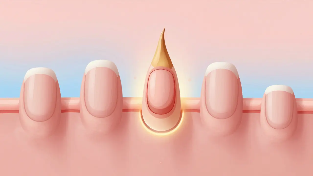 Nový neht pomalu roste z nehtového lůžka, symbolizující přirozené hojení.