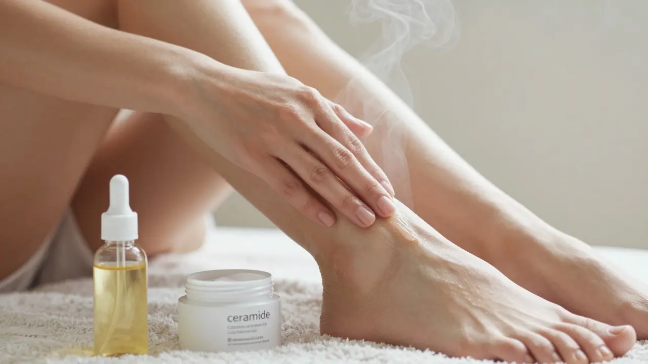 Osoba aplikuje mandlový olej na vlhkou kůži po sprše s krémem s ceramidami na pozadí.