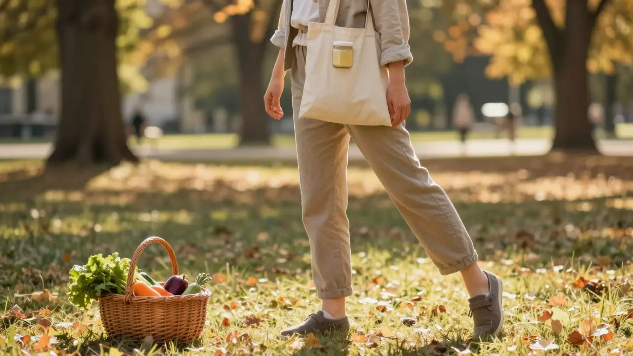Osoba se protahující v brněnském parku s náznakem zdravějších kloubů a košíkem čerstvé zeleniny.