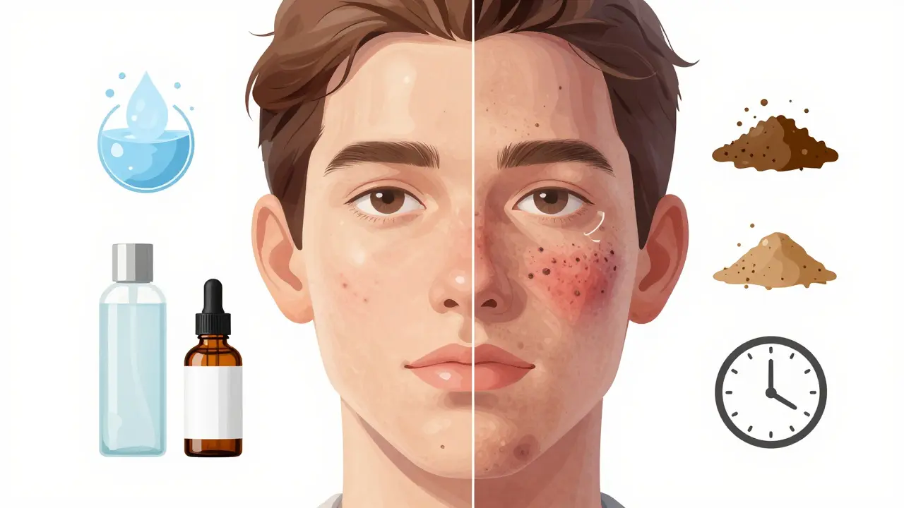 Porovnání zdravé pokožky po správné péči a poškozené pokožky z důvodu příliš častého nebo nedostatečného čištění.