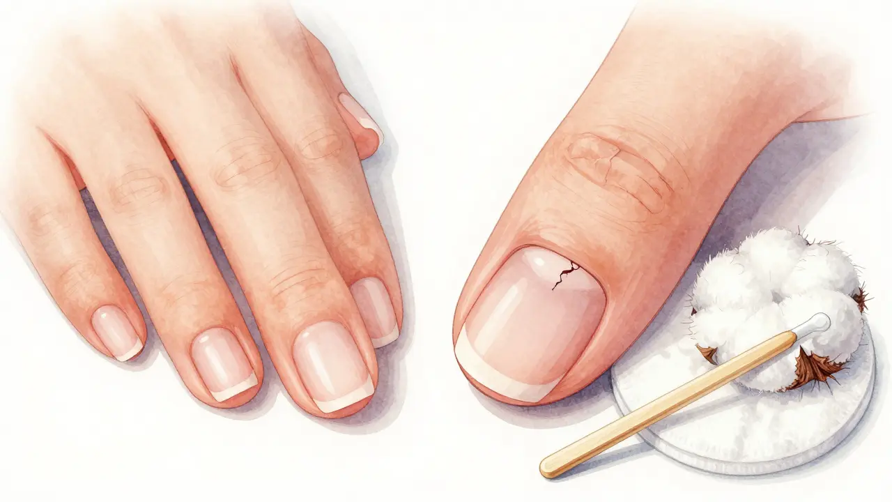 Porovnání zdravého a poškozeného nehtu po nesprávném odstranění laku.