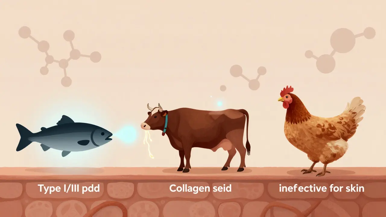 Porovnání zdrojů kolagenu: rybí, hovězí a kuřecí, s vysvětlením účinku na kůži pomocí vizuálních vláken.