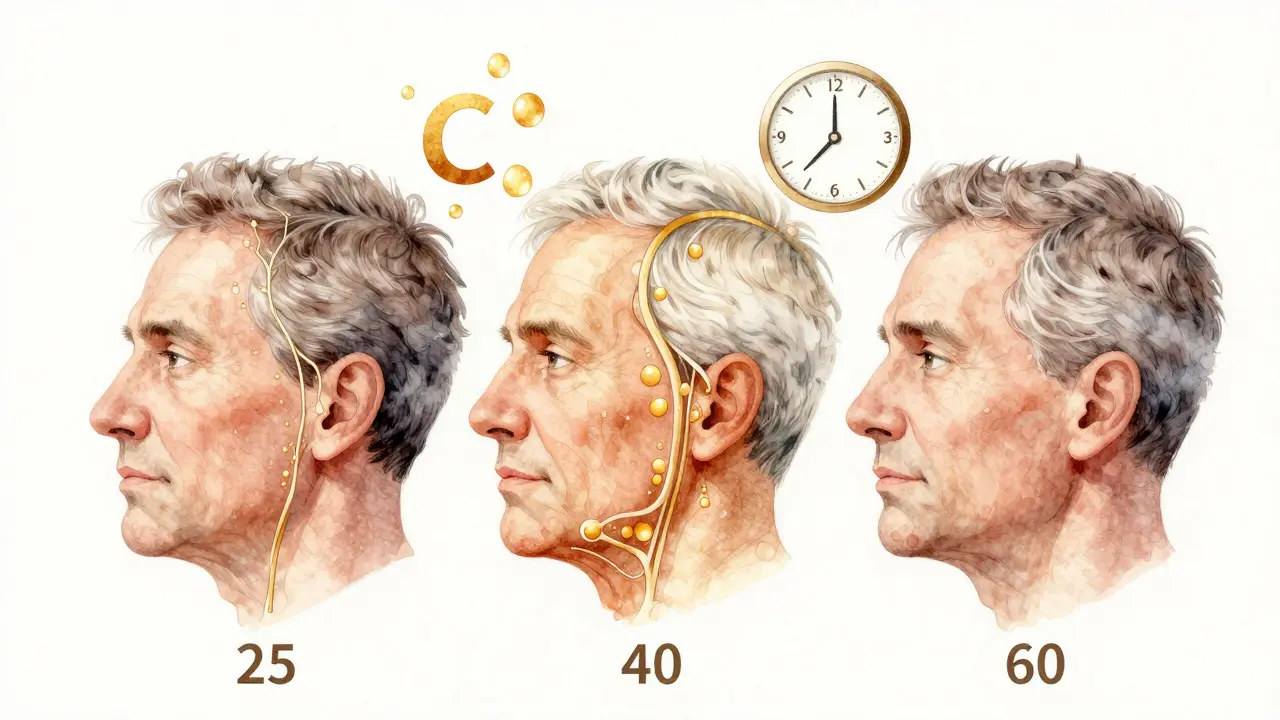 Postupná obnova pleti ve třech věkových fázích s symboly vitamínu C a kyseliny hyaluronové.