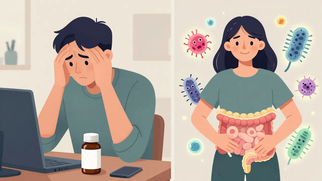 Před a po: osoba s problémy s trávením se přeměňuje na zdravou s přirozeně fungující střevní mikroflórou.