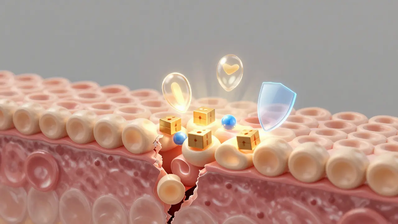 Příčný řez kůží ukazující obnovu bariéry pomocí ceramidů a niacinamidu.