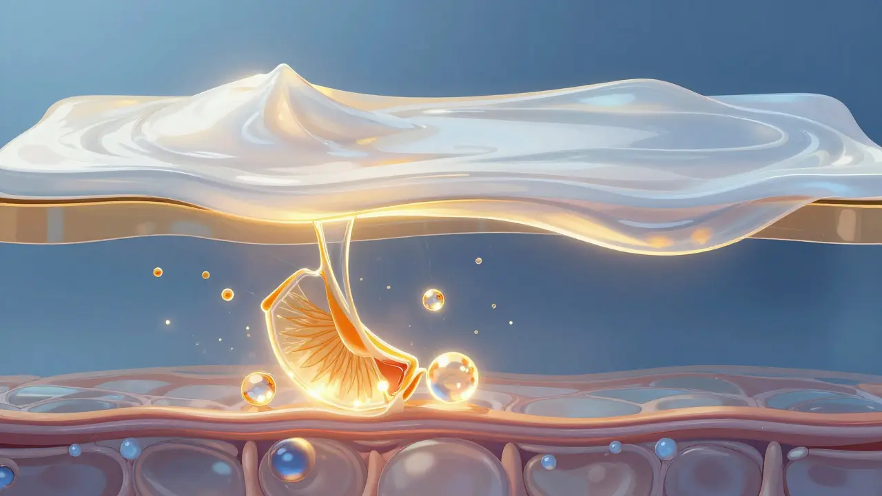 Průřez pokožky ukazující sérum pronikající do hlubokých vrstev a krém vytvářející ochrannou bariéru.