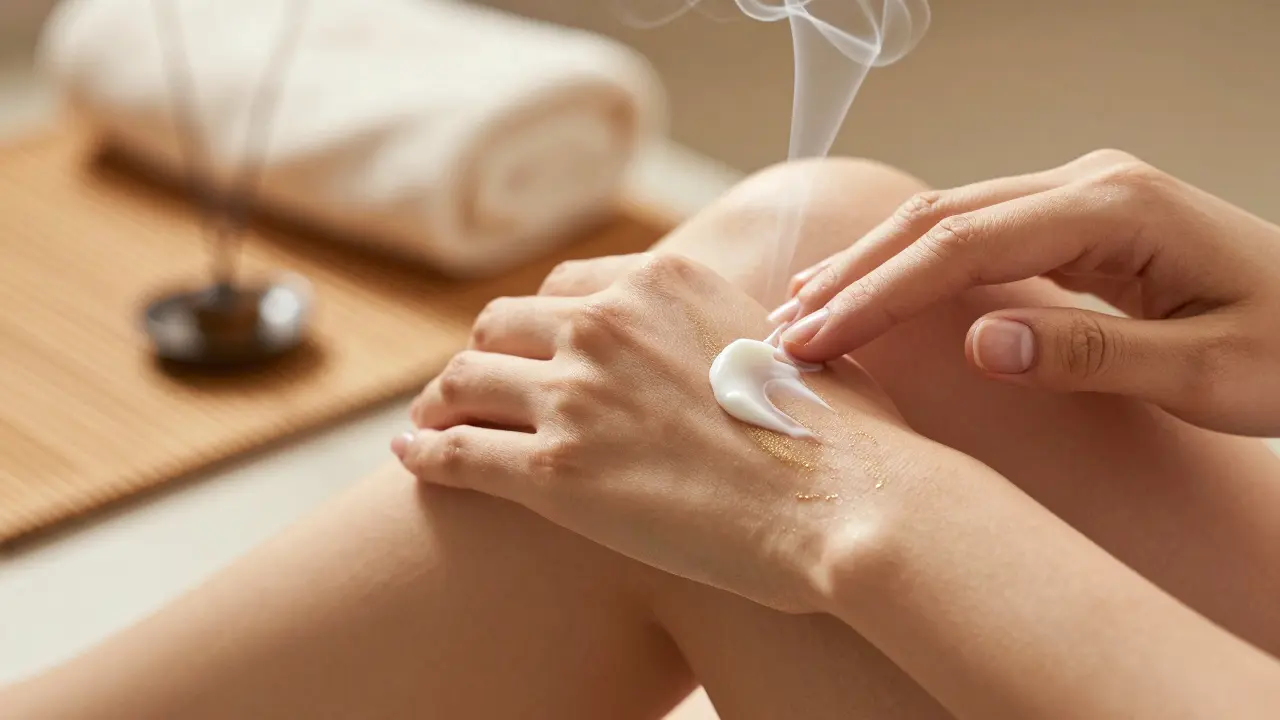Ruce aplikující vanilkový krém na kůži s jemným leskem, v pozadí ručník a kouřící kadidlo.