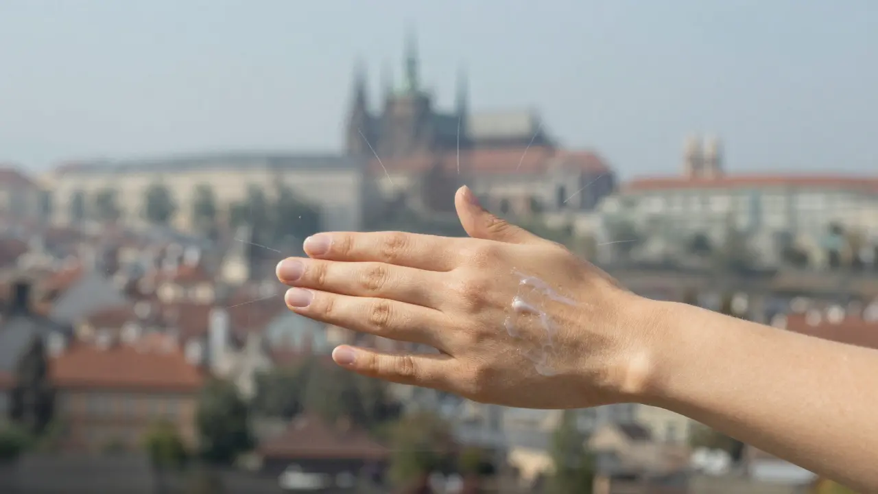 Ruka aplikuje minerální sluneční filtr s ochranným štítem proti znečištění města.