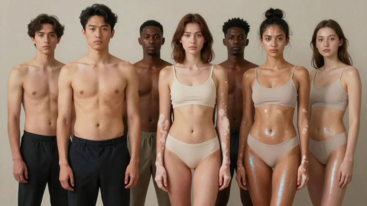 Různí lidé s tělovou dekorativní kosmetikou na různých částech těla, bez make-upu na obličeji.